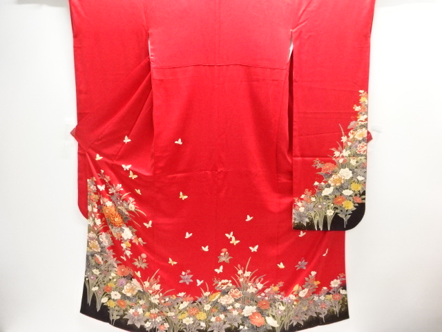 JAPANESE KIMONO / SET OF FURISODE & JUBAN / EMBROIDERY / FLOWER BASKET & BUTTERFLY